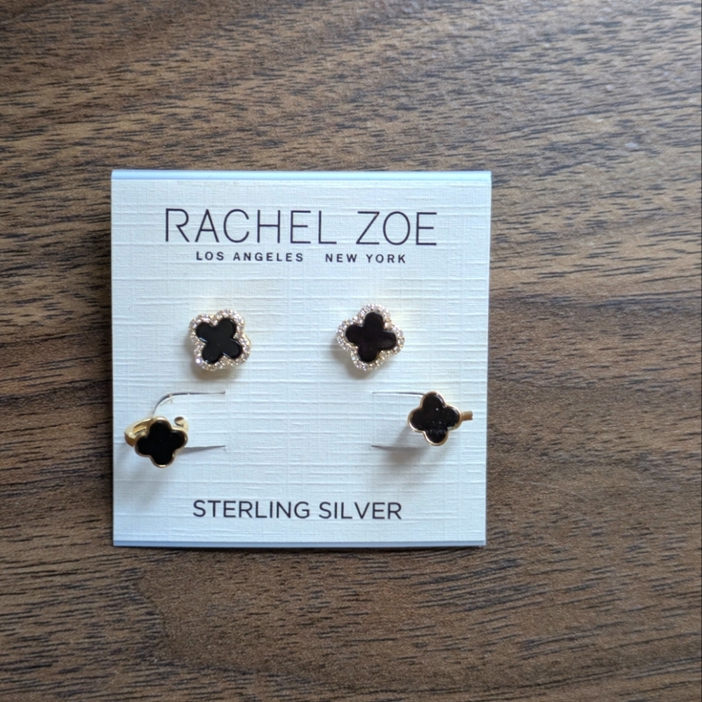 Rachel Zoe Black and Gold Sterling Silver Earrings set of 2 studs and huggies